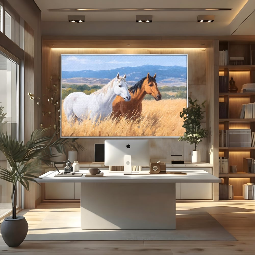 Tablou canvas cu tablou canvas cu doi cai in lan, in rama de aluminiu argintiu, pe perete intr-un birou